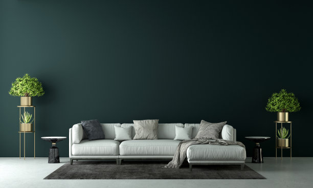 现代感十足的绿色客厅和深蓝色墙面质感背景室内设计图片下载