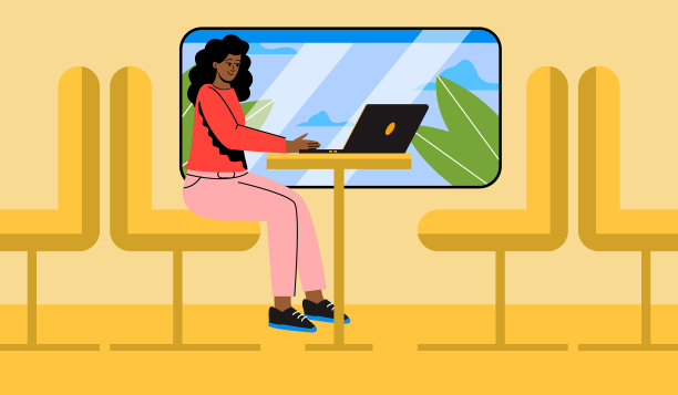 女孩正坐在一节火车车厢里，一列电动火车。在路上工作或学习图片下载