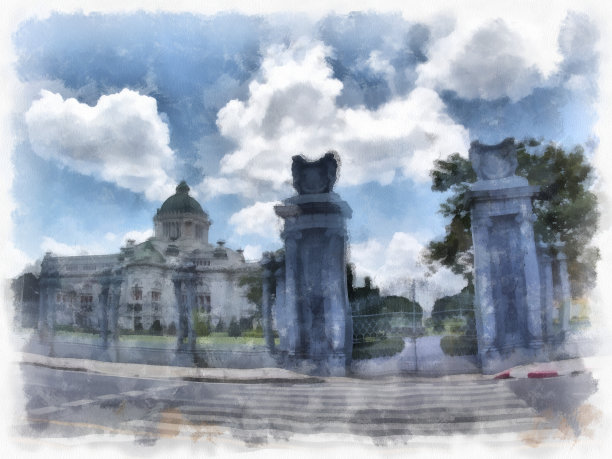 古建筑景观和古代艺术在大皇宫，卧佛寺Kaew曼谷水彩风格插图印象派绘画。图片下载