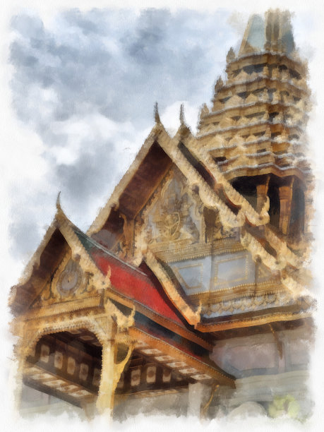 古建筑景观和古代艺术在大皇宫，卧佛寺Kaew曼谷水彩风格插图印象派绘画。图片下载