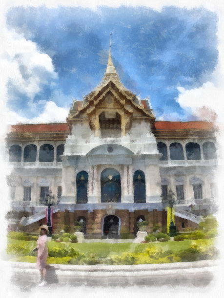 古建筑景观和古代艺术在大皇宫，卧佛寺Kaew曼谷水彩风格插图印象派绘画。图片下载
