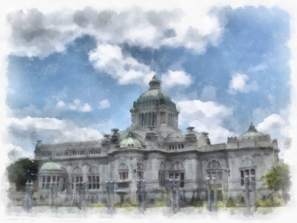 古建筑景观和古代艺术在大皇宫，卧佛寺Kaew曼谷水彩风格插图印象派绘画。图片下载