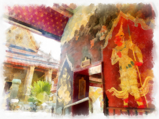 风景大皇宫泰国古建筑曼谷泰国水彩风格插图印象派绘画。图片下载