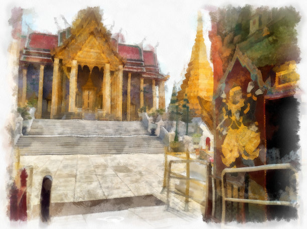 风景大皇宫泰国古建筑曼谷泰国水彩风格插图印象派绘画。图片下载
