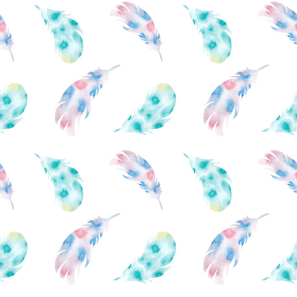 水彩无缝图案与粉红和蓝色羽毛，颜色渐变。婚礼的浪漫风格。用于装饰和设计。用于背景、纸张和纺织品上的印刷。图片下载