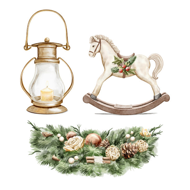 水彩卡通设置摇摆马，老式灯笼和圣诞花环图片下载