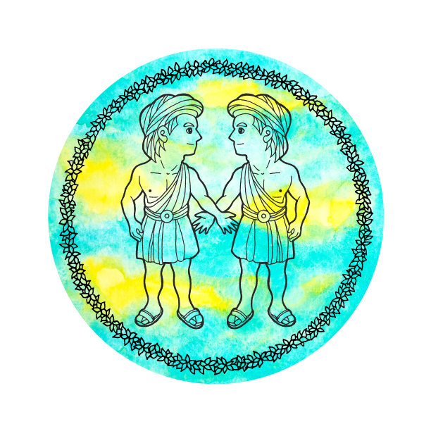 双子座星座星座星座符号标志标志图标设计在空气元素色彩艺术背景水彩画卡通图画插图财富图片下载