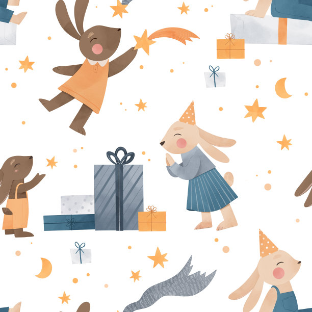 水彩无缝图案与兔子人物。孩子们用礼物、兔子、星星来庆祝。派对动物。生日快乐。圣诞节。兔年。非常适合布料，包装纸，家居装饰图片下载