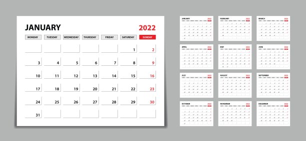 2022年台历套装，2022年月历模板。一周从星期一开始。极简风格的2022年挂历，一套12个月，计划表，打印模板，办公组织者矢量图片下载