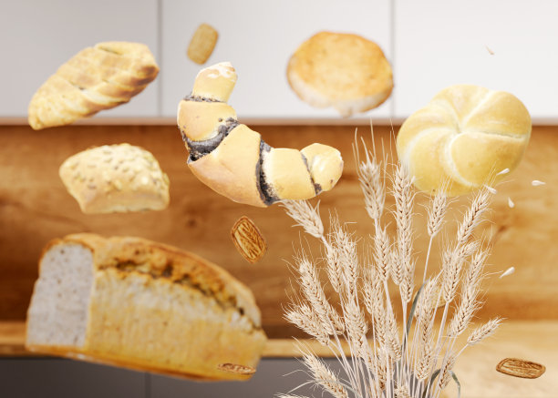 小麦穗，面包，糕点。乳糜泻和麸质不耐症的概念。健康饮食，健康生活方式，无麸质饮食。3 d渲染。图片下载