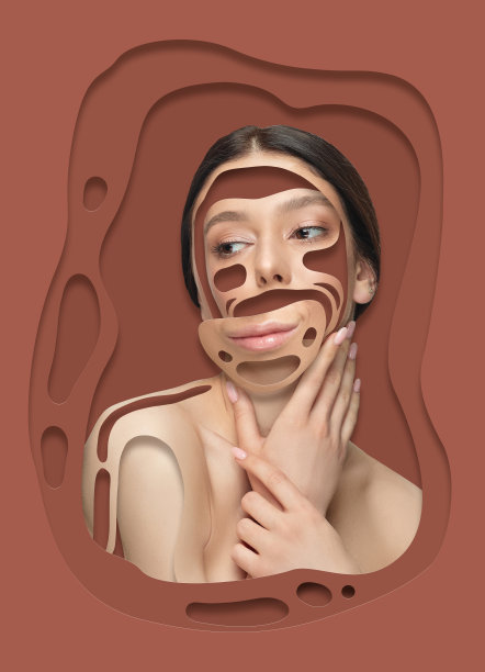 创造性的艺术作品与年轻美丽的女人在棕色的背景。海报图形。质地,分层。创意，灵感，时尚，美丽图片下载