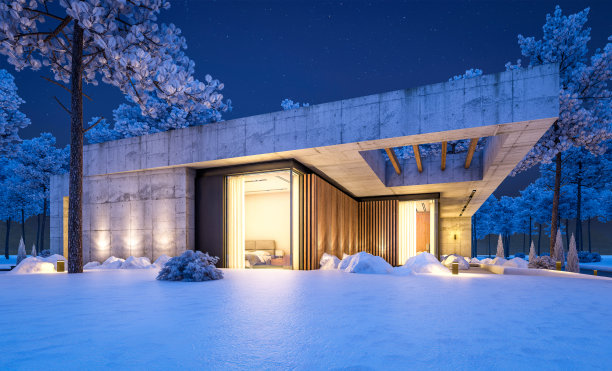 冬夜现代风格的新混凝土房屋三维效果图图片下载