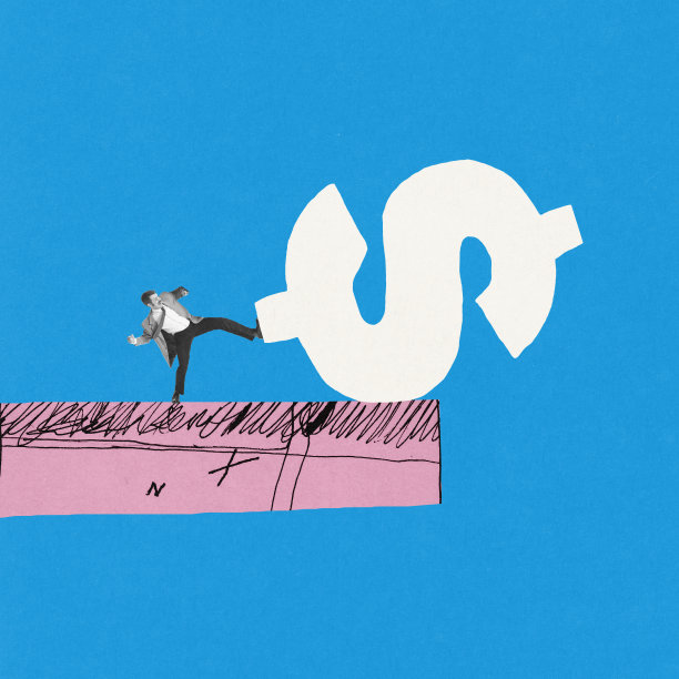 创意设计。当代艺术拼贴。商人敲打、推美元符号，象征着降价或降薪图片下载