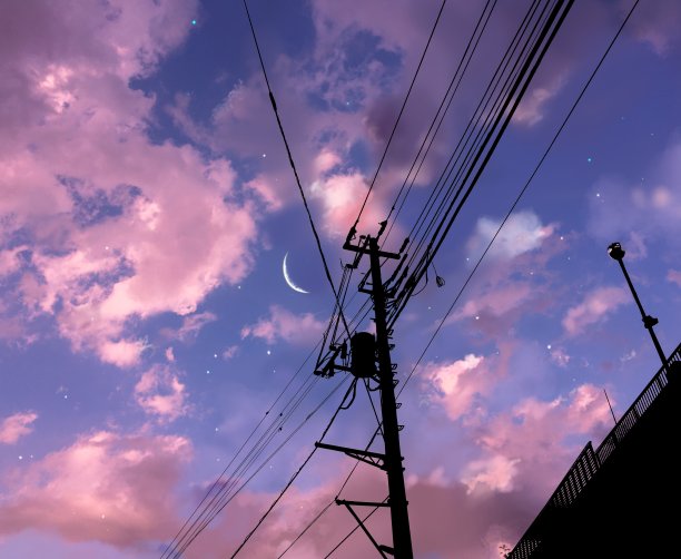 单色剪影背景插图云，新月和电线杆在傍晚的天空图片下载