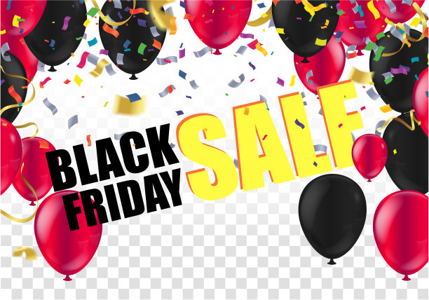 黑色星期五销售横幅布局海报或传单设计气球和五彩纸屑。矢量插图。文本。图片下载