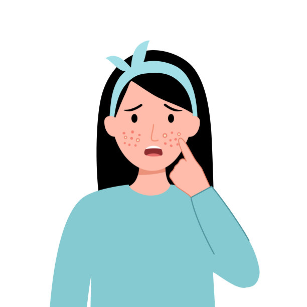 年轻女子担心她脸上的粉刺在平面设计。女性皮肤上的痘痘问题。图片下载