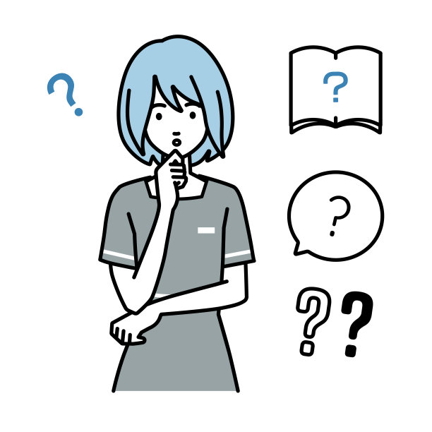 一个美学家，女接待员拿着一个问题站在她的手指在她的下巴问号设置图片下载