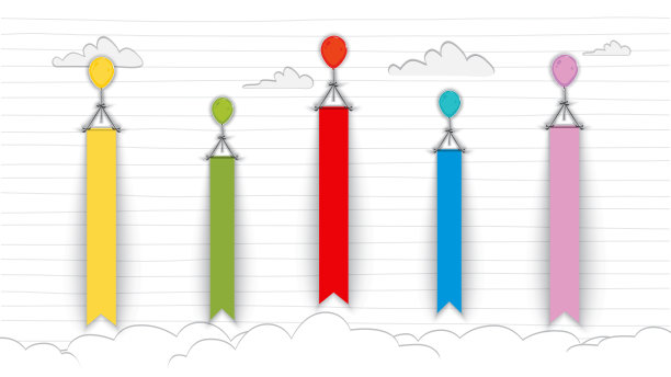 喜庆的彩色气球、彩旗，飘在天空。矢量图图片下载