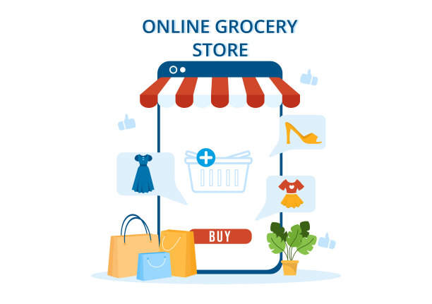 网上杂货店或超市通过App在平面卡通手绘模板插图订购日用品或食品图片下载