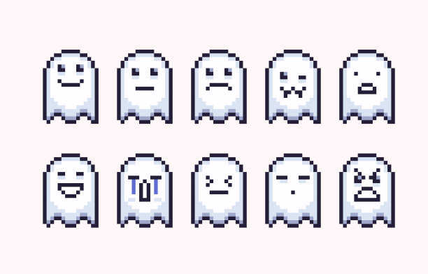 鬼笑像素艺术集。吵闹鬼emoji集合。可爱的万圣节表达式。图片下载