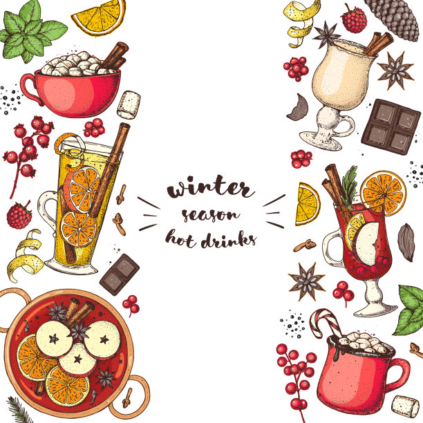 热饮设计。热红酒，冬日热饮。手绘草图。矢量插图。圣诞邀请函设计模板。五彩缤纷的集合。圣诞菜单栏。热葡萄酒、咖啡和茶图片下载