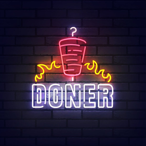 做霓虹灯招牌，亮招牌，亮横幅。烤肉串标志霓虹，会徽。矢量图图片下载