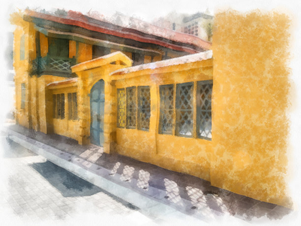 古色古香的欧式黄色建筑有木门和木窗，水彩风格插画，印象派绘画。图片下载