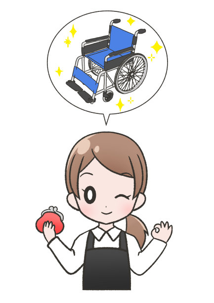 一个穿着黑色围裙的微笑的女人，她很高兴找到了一种方法，在折扣插图中购买或租用轮椅图片下载