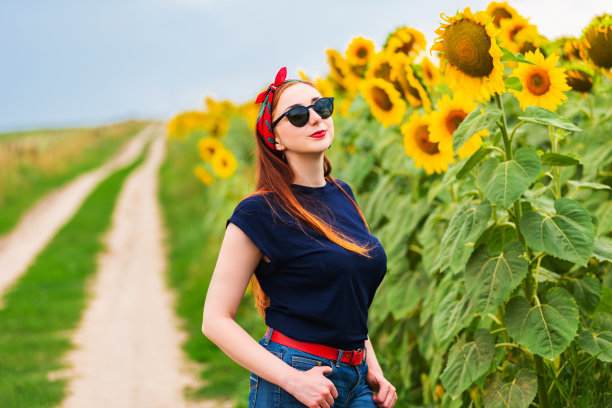 向日葵田里的迷人海报女郎图片下载