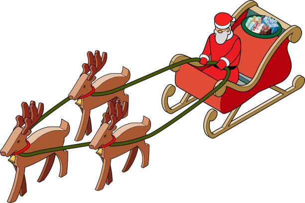 圣诞老人和驯鹿拉着装满圣诞礼物的雪橇的等距插图图片下载