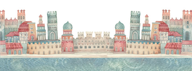 乡村山水幻境，水彩插画图片下载