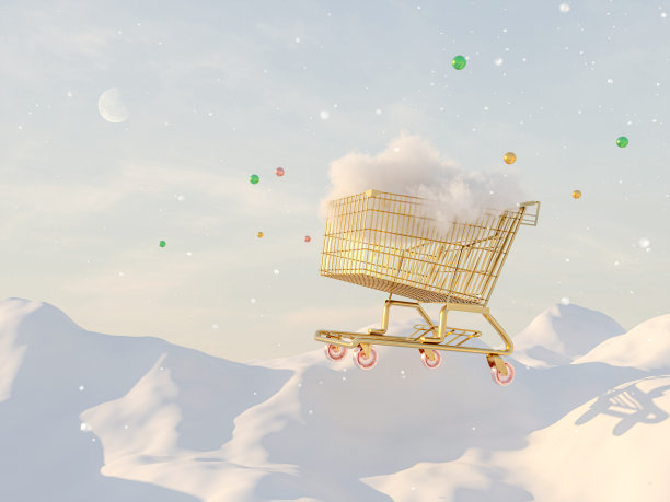 抽象的冬季圣诞背景与金色的购物车。图片下载