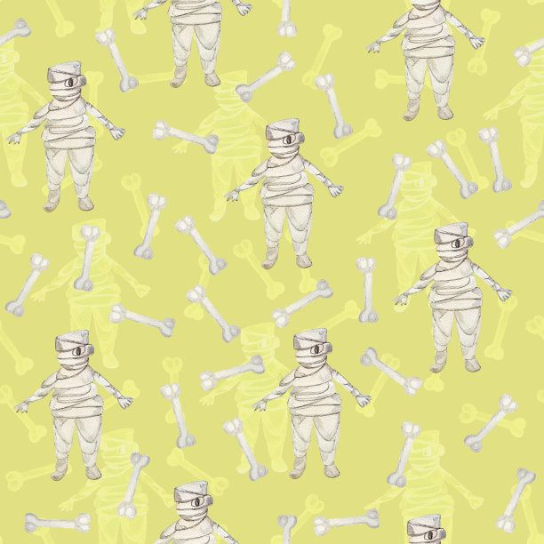 木乃伊用一只眼睛和骨头水彩无缝图案图片下载