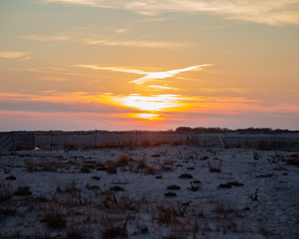 在干燥的农村地区，明亮的橙色太阳落在地平线上的风景照片图片下载