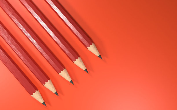 3d渲染四支红铅笔在红色背景上，学校时间图片下载