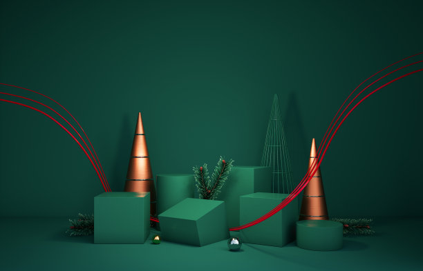 在绿色背景上有几何形状的基座或基座的圣诞装饰图片下载