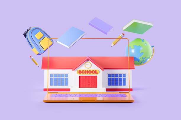 笔记本电脑和卡通学校大楼，不同的用品图片下载