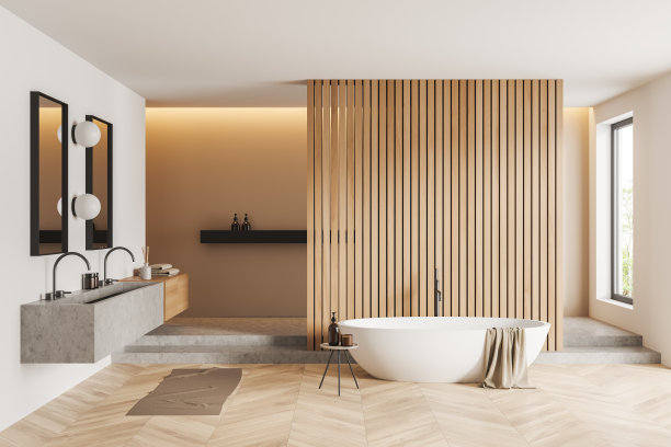 前视图明亮的浴室内部与浴缸，两个镜子图片下载