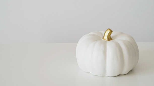 白色背景上的白色陶瓷南瓜灯的特写，复制空间。万圣节快乐。感恩节，象征着秋天。美丽的旗帜。图片下载