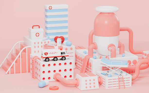 卡通医院模型及医疗器械，医疗概念主题，3d渲染。图片下载