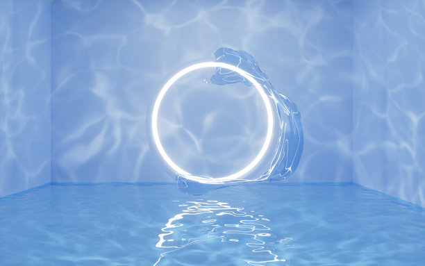 发光的环和流动的布在水上场景，3d渲染。图片下载