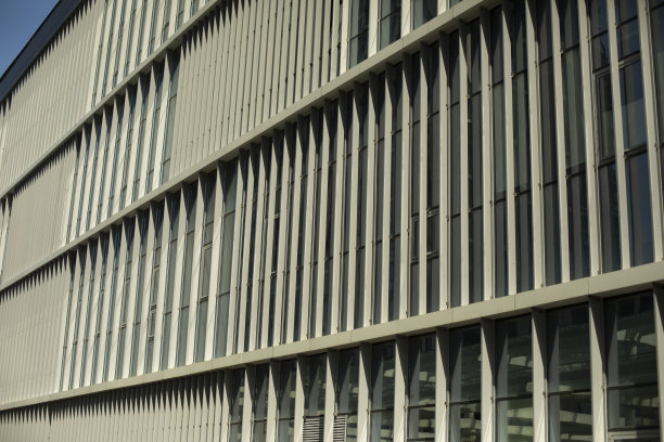 金属建筑结构。墙上的窄窗。现代建筑的细节。图片下载