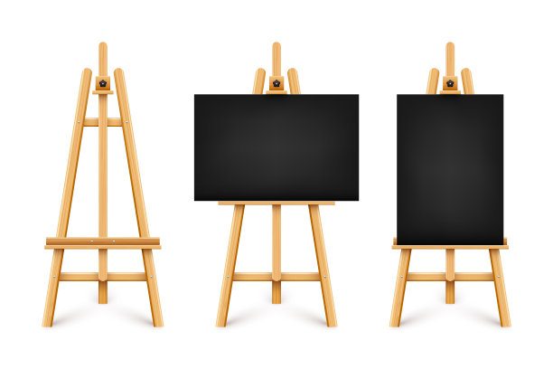 逼真的油漆办公桌与空白的黑色画布。木制画架和一张画纸。三脚架上的展示板。艺术品模型,模板。矢量图图片下载