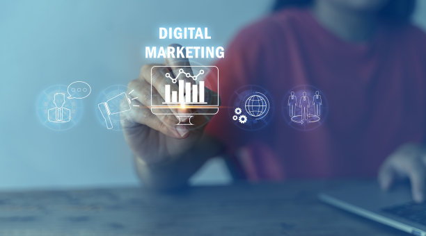 用手写笔展示符号和图标的互联网广告，数字营销和销售增强商业技术概念图片下载