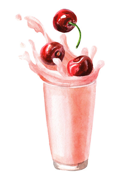 玻璃飞溅。水果樱桃牛奶，酸奶，奶昔。手绘水彩插图孤立在白色背景图片下载