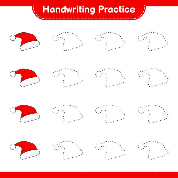 书法练习。描画着圣诞帽的线条。教育儿童游戏，可打印的工作表，矢量插图图片下载