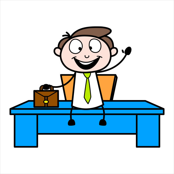 资产一个年轻的商人卡通人物坐在桌子上和其他员工打招呼图片下载