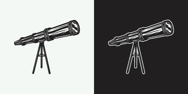 复古怀旧的望远镜。可用于logo、徽章、标签。标记、海报或印刷品。单色图形艺术。矢量插图。木刻油印旧程式化。图片下载
