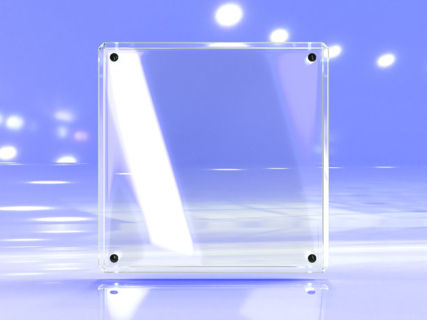 玻璃板，清晰的方形框架与光线反射在蓝色背景。空白亚克力海报或有机玻璃旗帜与金属安装。透明相框模板，支架模型图片下载