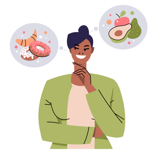 黑人妇女在健康食品和不健康食品之间做出选择。甜点与蔬菜和水果相对。健康饮食的概念孤立在白色背景上。图片下载